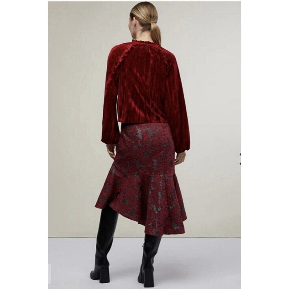 Rachel Parcell Jacquard Floral High Low Ruffle Hem Skirt Burgundy Gray Sz 8 - Picture 2 of 10